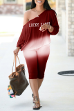 Burgundy Fashion Gradual Change Letter One Shoulder Long Sleeve Two Pieces