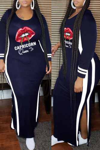 Tibetan Blue Casual Print Patchwork Slit O Neck Straight Plus Size Dresses