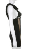 Vestidos de falda de un paso con correa de espagueti de plumas transparentes de patchwork sólido sexy negro