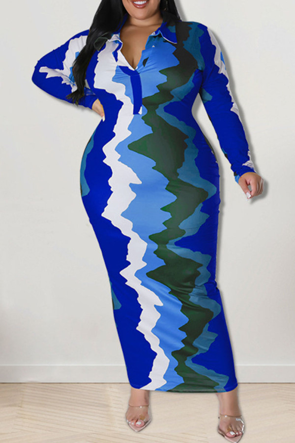 Синяя повседневная юбка в стиле пэчворк с отложным воротником и одношаговым принтом Платья больших размеров