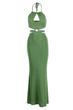 Green Fashion Sexy Solid Bandage Hollowed Out Backless Halter Long Dress