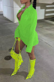 Fluorescerande Grön Sexig Solid Bandage Patchwork Asymmetrisk V-hals långärmade klänningar