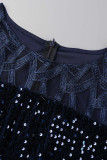 ブラック シルバー ファッション パッチワーク プラス サイズ スパンコール シースルー O ネック半袖ドレス