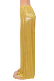 Goldfarbene, lässige, solide Patchwork-Hosen mit hoher Taille und weitem Bein