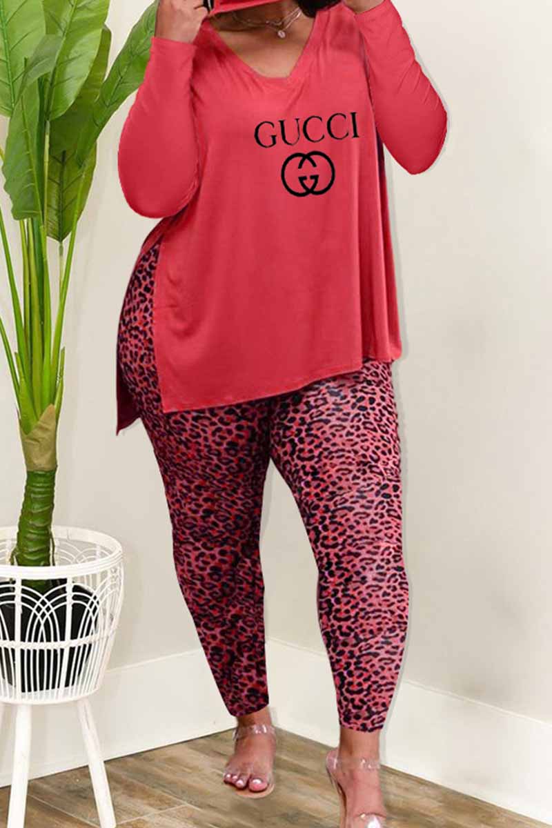 

Red Fashion Casual Print Leopard Slit Letter V Neck Plus Size Two Pieces