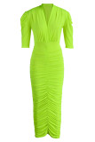 Fluorescent Green Fashion Casual Solid Fold V Neck One Step Skirt Dresses