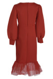 レッド ファッション セクシー ソリッド パッチワーク ビーズ O ネック ロング スリーブ イブニング ドレス