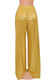 Pantaloni casual tinta unita a vita alta con gamba larga in tinta unita color oro