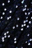 Robe mode patchwork grande taille paillettes transparente col rond manches courtes bleu marine