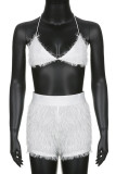 White Sexy Solid Patchwork Feathers Halter Sleeveless Two Pieces