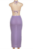 Purple Fashion Sexy Solid Bandage Backless Spaghetti Strap Sleeveless Two Pieces