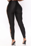 Pantalones lápiz de cintura alta flacos ahuecados sólidos casuales de moda negro