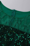 Vestido verde moda patchwork plus size com lantejoulas transparente decote em bico manga curta