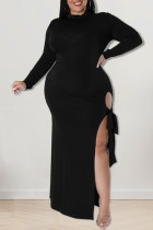 Черные сексуальные однотонные лоскутные платья с разрезом и круглым вырезом, прямые платья больших размеров