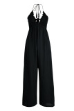 Black Sexy Solid Patchwork Halter Straight Jumpsuits
