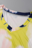 Azul Moda Casual Estampado Tie Dye Patchwork Cuello en V Tallas grandes Dos piezas