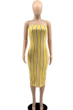 Yellow Sexy Striped Print Patchwork Strapless Pencil Skirt Dresses