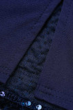Vestido de manga corta con cuello en O transparente con lentejuelas de talla grande y patchwork de moda negro