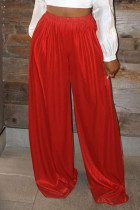 Pantalones de color sólido de pierna ancha de cintura alta de patchwork sólido casual rojo