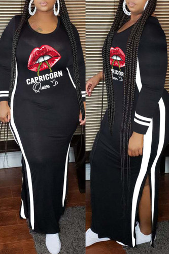 Black Casual Print Patchwork Slit O Neck Straight Plus Size Dresses
