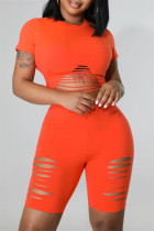 Orange Fashion Casual Solid Ripped Hollowed Out O Neck Kurzarm Zweiteiler