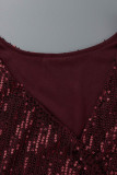 Бордовое сексуальное вечернее платье с блестками и блестками в стиле пэчворк с разрезом и V-образным вырезом