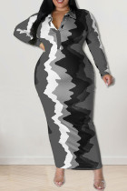 グレー カジュアル プリント パッチワーク ターンダウン カラー ワン ステップ スカート プラス サイズのドレス