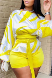 Yellow Casual Print Bandage O Neck Long Sleeve Two Pieces