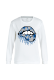 Grey Fashion Street Lips Printed Patchwork O Neck Tops