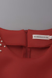 Red Fashion Sexy Solid Patchwork Perlen O-Ausschnitt Langarm Abendkleid