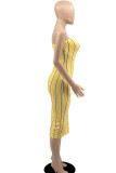 Vestidos de falda de lápiz sin tirantes de patchwork con estampado de rayas amarillo sexy