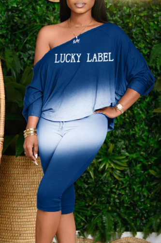 Blue Fashion Gradual Change Letter One Shoulder Long Sleeve Two Pieces