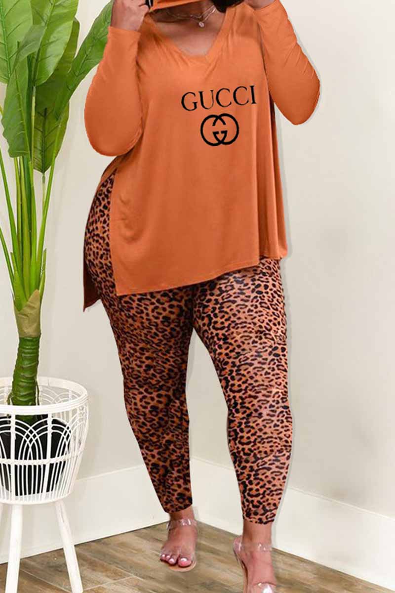 

Orange Fashion Casual Print Leopard Slit Letter V Neck Plus Size Two Pieces