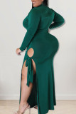 Чернильные зеленые сексуальные однотонные лоскутные разрезы с круглым вырезом прямые платья больших размеров
