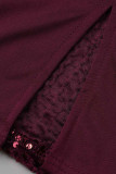 Vestido de manga corta con cuello en O transparente con lentejuelas de talla grande y patchwork de moda burdeos