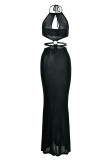 Черное модное сексуальное сплошное повязочное длинное платье с открытой спиной и лямкой на шее
