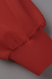 Rode mode sexy effen patchwork kralen O-hals avondjurk met lange mouwen