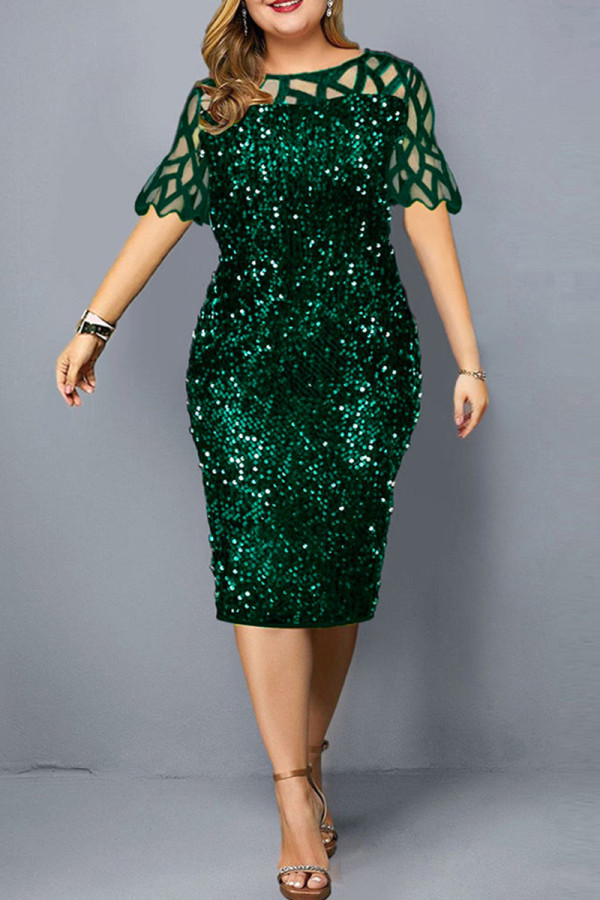 Groene mode patchwork plus size pailletten doorschijnende O-hals jurk met korte mouwen