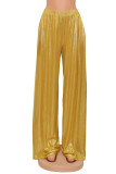 Goldfarbene, lässige, solide Patchwork-Hosen mit hoher Taille und weitem Bein