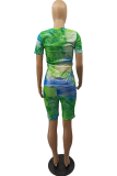 Green Fashion Patchwork Tie-dye O Neck Short Sleeve Two Pieces
