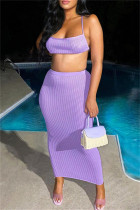 Purple Fashion Sexy Solid Bandage Backless Spaghetti Strap Sleeveless Two Pieces Cami Crop Tops And Skirt Sets