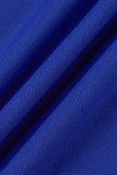 ブルーファッションカジュアルソリッドパッチワーク斜め襟半袖ツーピース