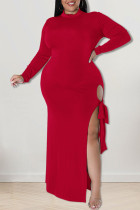 Красные сексуальные однотонные лоскутные платья с разрезом и круглым вырезом, прямые платья больших размеров