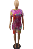 Purple Fashion Patchwork Tie-dye O Neck Short Sleeve Two Pieces