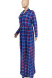 Blue Casual Plaid Print Patchwork Buckle Without Belt Turndown Collar Shirt Dress Dresses(Without Belt)