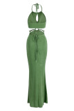 Зеленое модное сексуальное сплошное повязочное длинное платье с открытой спиной и лямкой на шее