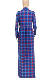 Fivela de retalhos estampa xadrez casual azul sem cinto gola virada para baixo vestidos de camisa (sem cinto)