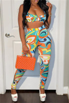 Green Fashion Sexy Print Gilets Pantalon Spaghetti Strap Sans Manches Deux Pièces