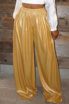 Calças de baixo de cor sólida de patchwork dourado casual cintura alta pernas largas