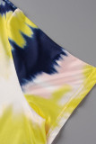 Blau Mode Casual Print Tie Dye Patchwork V-Ausschnitt Plus Größe Zwei Stücke